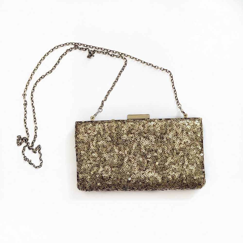 Orange caramel clutch, sequin bag, gold tone.